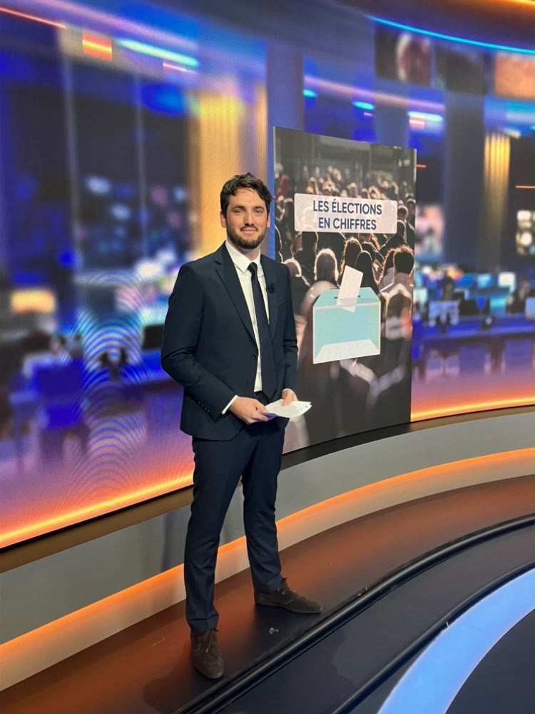 Léon en costume sur un plateau télé